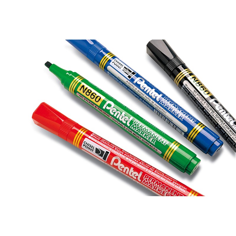 Pentel N860/4 Pack of 4 Permanent Markers Chisel Tip Black/Red/Blue/Green