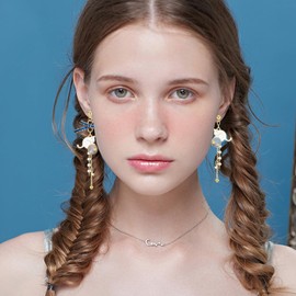 unixmoment Cute Dainty Enamel Cat Chain Bow Knot Animal Dangle Drop Earrings Pearl Tassel Moon Star Stud Earrings For Women (Cat Planet)