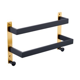 Chiunikoo 16 Inch Double Towel Bar with Hooks Black & Gold, Wall Mounted Towel Holder for Kitchen Bathroom, Stainless Steel Towel Rack