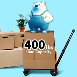 VDHU Folding Hand Truck,400lbs Load-Bearing Heavy Duty Luggage Cart with 4 Wheels& Brakes &Extendable Base Plate,Dolly Cart with Solid Construction for Travel,Moving,Shopping,Office Use,Black