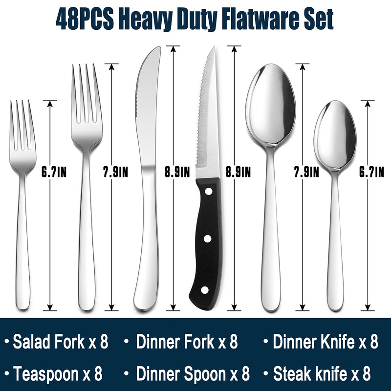 HaWare 48-Piece Heavy Duty Silverware Set for 8, Stainless Steel