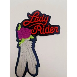 Motorcycle Jacket Embroidered Patch Lady Rider w/Red Rose & Feather Women Biker