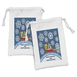 Ambesonne Christmas Fabric Pouch Set of 2, Happy New Year Merry Christmas Truck with Gift Boxes Tree and Snowflakes Art, Small Drawstring Bag for Toiletries Masks and Favors, 9" x 6", Blue Red White