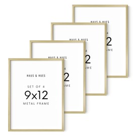 HAUS AND HUES 9x12 Gold Metal Picture Frames - Features Premium Aluminum, Vertical & Horizontal Hang, Shatterproof Plexiglass - Perfect for Home, Room, Office (9x12 in, Gold, Set of 4)