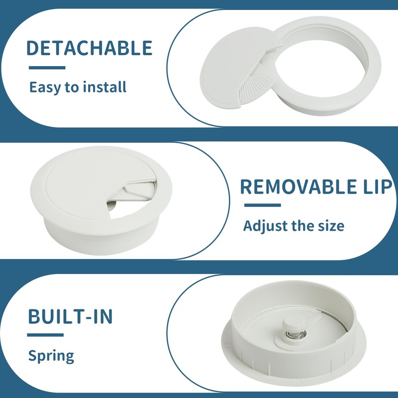 Pack of 6 White Cable Grommets for Desk, 50 mm