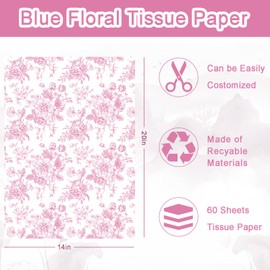 100 Sheet Red Floral Tissue Paper, 20x14 inch Vantage Chinoiserie Gift Wrapping Tissue Paper for Birthday Wedding Baby Shower Party Supplies