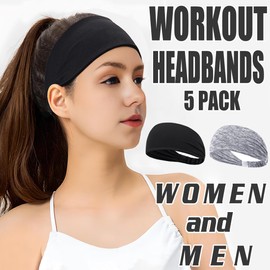 Sweatbands Headbands for Women Workout, Women's Sports Exercise Headband, Moisture Wicking Sweatband for Yoga Running Athletic 5 PCS (Black + Striped Gray)