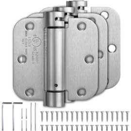 PTSOC Self-Closing Spring Loaded Door Hinges 3.5 Inch - Adjustable Tension for Garage/Front/Back/Indoor Doors, UL Listed Left & Right Hand Hinge, 5/8'' Radius Corners, Satin Nickel (3 Pack)