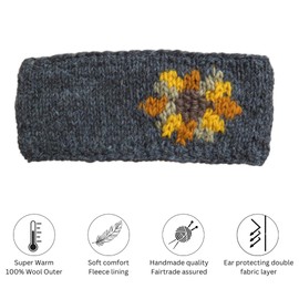 Pachamama Women Wool Ear Warmer Headband Fleece Lined Handknitted Sunflower Design Bark One-Size Handmade Fair Trade