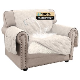 PrinceDeco 100% Waterproof Chair Sofa Slipcover for Living Room Water Resistant Couch Cover Furniture Protector Cover with Elastic Straps for Pets Kids Children Dog Cat(Chair 23", French Oak)