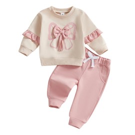 Geagodelia Toddler Baby Girl Outfits 3D Bow Love Mom Print Sweatshirt Solid Color Joggers Trouser Fall Winter Cute Clothes Set (Pink, 6-12 Months)