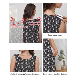 Liokoc Hospital Gowns for Women Tear Away Snap Open Back Post Shoulder Surgery Sleeveless Adaptive Clothing with Pockets Black Flower