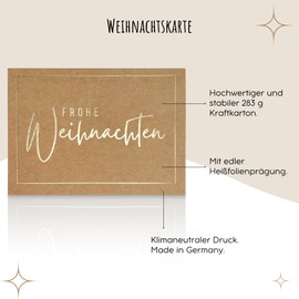 møij Set of 3 Christmas Cards Made of Kraft Paper with Hot Foil Embossing Gold - Includes Envelopes Bordeaux and Wax Seal - Lettering Merry Christmas