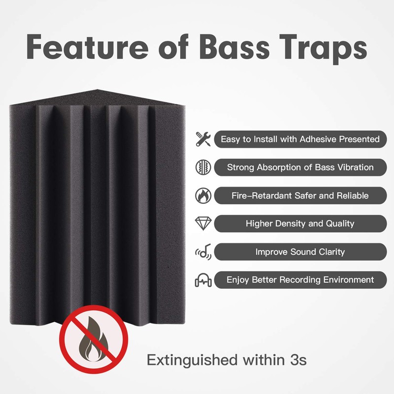8 Pack - Bass Traps Acoustic Foam Corner, 8''x8''x12'' Black