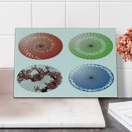 Lunarable Japanese Cutting Board, Umbrella with Rotary Leaf Floral Pattern Rain Shadow Graphic, Decorative Tempered Glass Cutting and Serving Board, Small Size, Multicolor