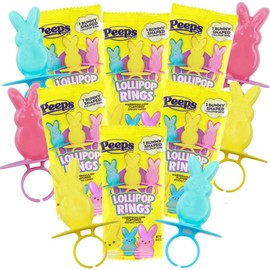 Easter Basket and Egg Hunt Candy, 2025 Peeps Lollipop Rings, Individually Wrapped Marshmallow Flavored Suckers, (6 Pack)
