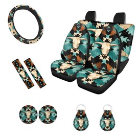 ZFRXIGN Western Car Seat Covers Full Set for Women Men Goat Skull Car Accessories Auto Interior Set Protector Western Car Steering Wheel Cover/Seatbelt Cover/Coasters/Key Chains Aztec Turquoise