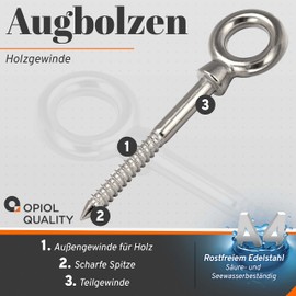 OPIOL QUALITY® Eye Bolt with Wood Thread 6 x 60 mm Made of Stainless Steel A4 V4A (Pack of 10)