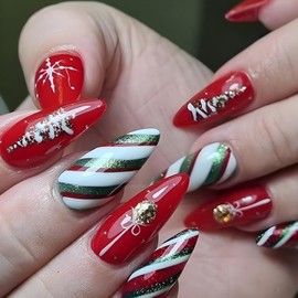 Ceboic Christmas Press on Nails Long Almond - 24Pcs Red Green Stripes Glitter French False Nails with Christmas Tree Ribbon Designs - Acrylic Fake Nails Kit Removable Stick on Nails for Women & Girls