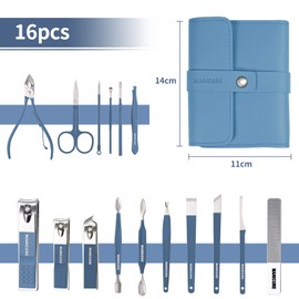 Manicure Set, Professional Nail Clippers Kit, 16 pcs Stainless Steel Nail Care Tools Grooming Kit with Luxurious Travel Leather Case for Thick Nails Men Women Gift (Blue)
