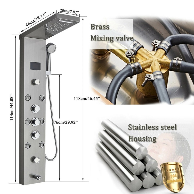 FUZ LED Shower Panel Tower System Stainless Steel 6-Function Faucet
