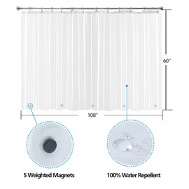 YISURE Extra Wide and Short Shower Curtain Liner 108x60in with 5 Magnets, Waterproof Peva Plastic Clear Around Bathroom Shower Liner for Clawfootub Bathtub