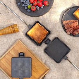 IPROUDER Campfire Pie Iron 4.9" Large Cast Iron Sandwich Maker for Camping 2 Pcs with Storage Bag - 22.6 inch Thickened Handles - Campfire Cooking Equipment for Grilling & Outdoor Cooking