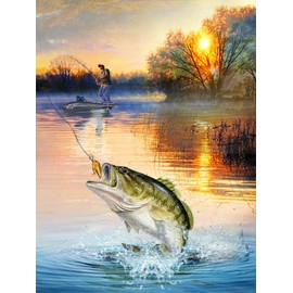 ASHUFAN 5D Fish Diamond Painting Kits for Adults Kids Art Full Drill Fisherman Fishing On The Lake DIY Cross Stitch Craft for Home Wall Decor 12X16 inch