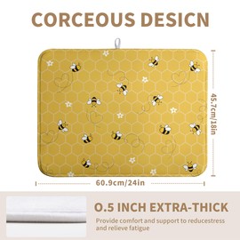 Wnoesat Bee Dish Drying Mat for Kitchen Counter Yellow Bumble Bees Honeycomb Dishes Pad Summer Absorbent Microfiber Dish Draining Mat Washable Dish Drainer Rack Mats Extra Large 18"x24"