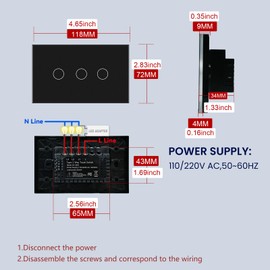 LOUYSGEN Light Switch 118X72X34MM Size No Neutral Wire No WiFi,Tempered Glass Panel,1000W/Gang Total Power Maximum 2000W,Black 3 Gang