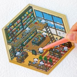 4Pcs 3D Fun Mini Panda House Stickers with Tweezers Make Your Own Mini Kitchen Bookstore Supermarket Room Scenes Stickers Cute Mini Room Craft Scrapbook Stickers for Relief Stress Pass The Time