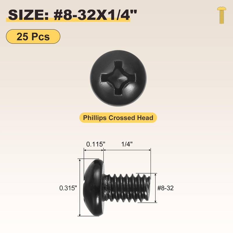 METALLIXITY Phillips Pan Head Bolt #8-32x1/4 25Pcs Steel Black