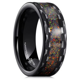 King Will Mens 8mm Black Hammered Tungsten Carbide Wedding Ring Brown Opal Inlay Tungsten Ring wedding Band 7.5