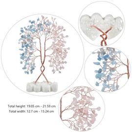 SUNYIK Rose Quartz and Aquamarine Money Tree with Double Heart Rock Quartz Base Handmade Wire Wrapped Tree of Life Polished Chip Stones Tree Decor Statue for Good Luck Wealth