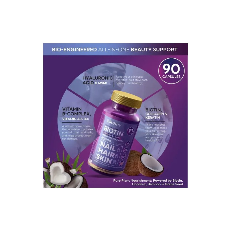 Sunuv Biotina 10000 Mcg Colágeno Keratina 90 Cápsulas