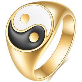 Jude Jewelers Stainless Steel Round Signet Shape Chinese Taiji Yin-Yang Feng Shui Cocktail Party Biker Ring, Metal, Cubic Zirconia