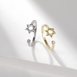 YILUOCD Star of David Zircon Ring for Women, Simple Magen David Wiccan Amulet, Hexagram Adjustable Rings Jewish Jewelry, Metal, band-setting