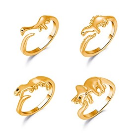 Caiyao 4Pcs Cute Dinosaur Tyrannosaurus Triceratops Ring Set 14K Silver Plated Lovely Opening Adjustable Polished Animal Ring for Women Men Jurassic Bar Era Dinosaur Jewelry Gift-D 4pcs gold