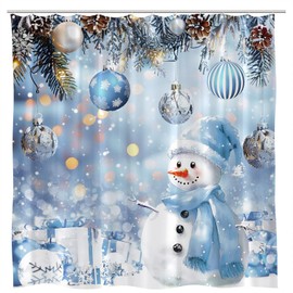 Christmas Winter Snowman Shower Curtain Pink Ball Snowflake Pine Branch Twig Xmas New Year Holiday Fantasy Bathroom Curtains Set Polyester Fabric with Hooks 70X70 Inch (Blue)