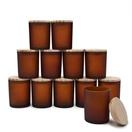 SHOWIN Thick Candle Jars for Making Candles 12 Pcs, 7 OZ Empty Jars with Wood Lids for Candle Making, Sample Container, Frosted Brown