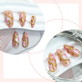 LBPEPAMZ 24Pcs Flower Press on Nails Short Medium Almond Fake Nails 3D Gold Spring Line Floral False Nails Cute Pink Nude Full Cover Glossy Stick on Nails Glue on Nails for Women Girls Manicure Decor