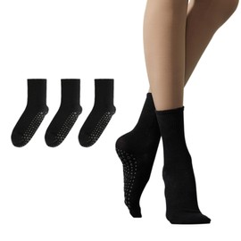 Larrok Yoga Pilates Socks 3 Pair for Woman with Non Slip Grippers,Barre Ballet Workout Athletic Crew Socks, Black, One Size