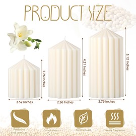 Conelist Set of 3 Ribbed Pillar Candles Soy Wax Scented Ribbed Candles Includes 2.8, 4.2 and 5.1 Inches Heights Decorative Pillar Candles for Home Birthday Wedding Christmas Gift (White)