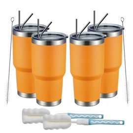 MEWAY 30oz Insulated Tumbler With Lids and Straws,Stainless Steel Double Vacuum Coffee Tumbler Cup, Brush, Durable Powder Coated Coffee Cup for Cold & Hot Drinks, Office, Travel(Orange,4 PACK)