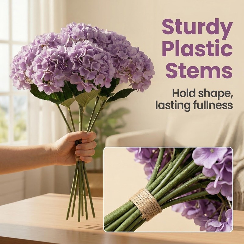 6 Artificial Hydrangea, Silk Faux Flowers, Lifelike Texture, Bendable Stem