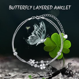 SOULMEET Butterfly Clover Layered Anklet Sterling Silver Luck Anklets for Women Girls Adjustable Beads Ankle Bracelet Boho Beach Foot Box Chain