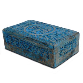 BHAVATU Handmade Blue Mango Wood Jewellery Box with Engraving Tree of Life Hand Carved for Women Men | Home Decor | Decorative Boxes