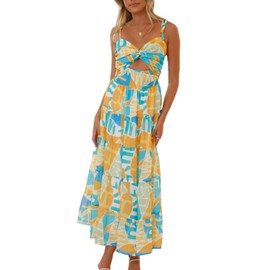 Womens Summer Spaghetti Strap Flowy Maxi Dress Boho Floral Ruffle Long Vacation Beach Dresses (Yellow Floral,S)