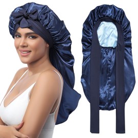 AWAYTR Long Satin Bonnet for Sleeping - Double Layer Reversible Silk Bonnet for Long Hair Women Sleeping Cap with Tie Band (Navy Blue+Light Blue)