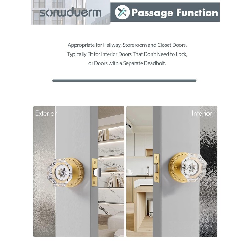 SORWDUERM Gold Door Knobs Crystal Door Knob Brushed Gold Passage